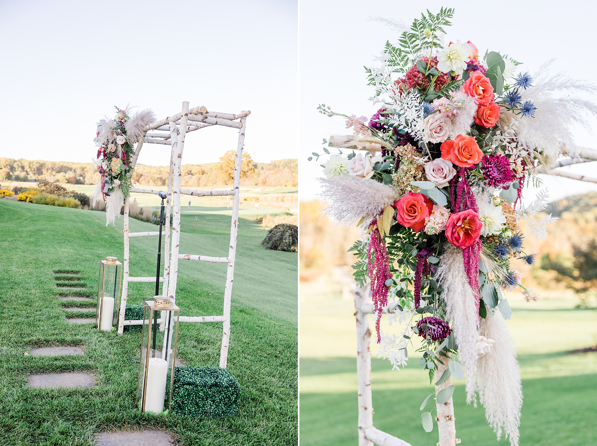 flowers on wedding arch at outdoor ceremony