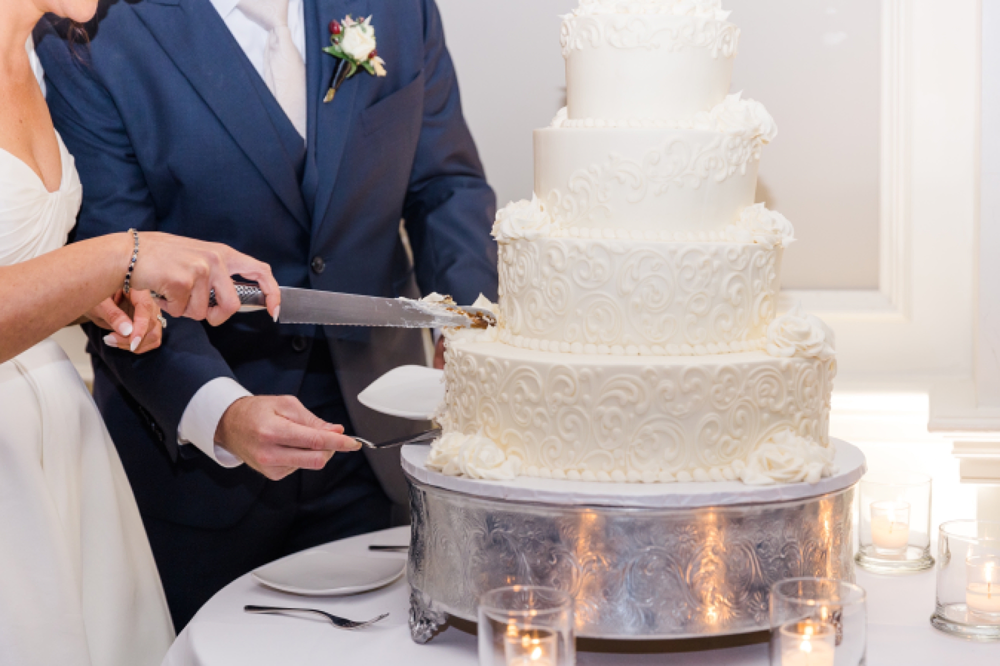 cake cutting at Romantic French Creek Wedding