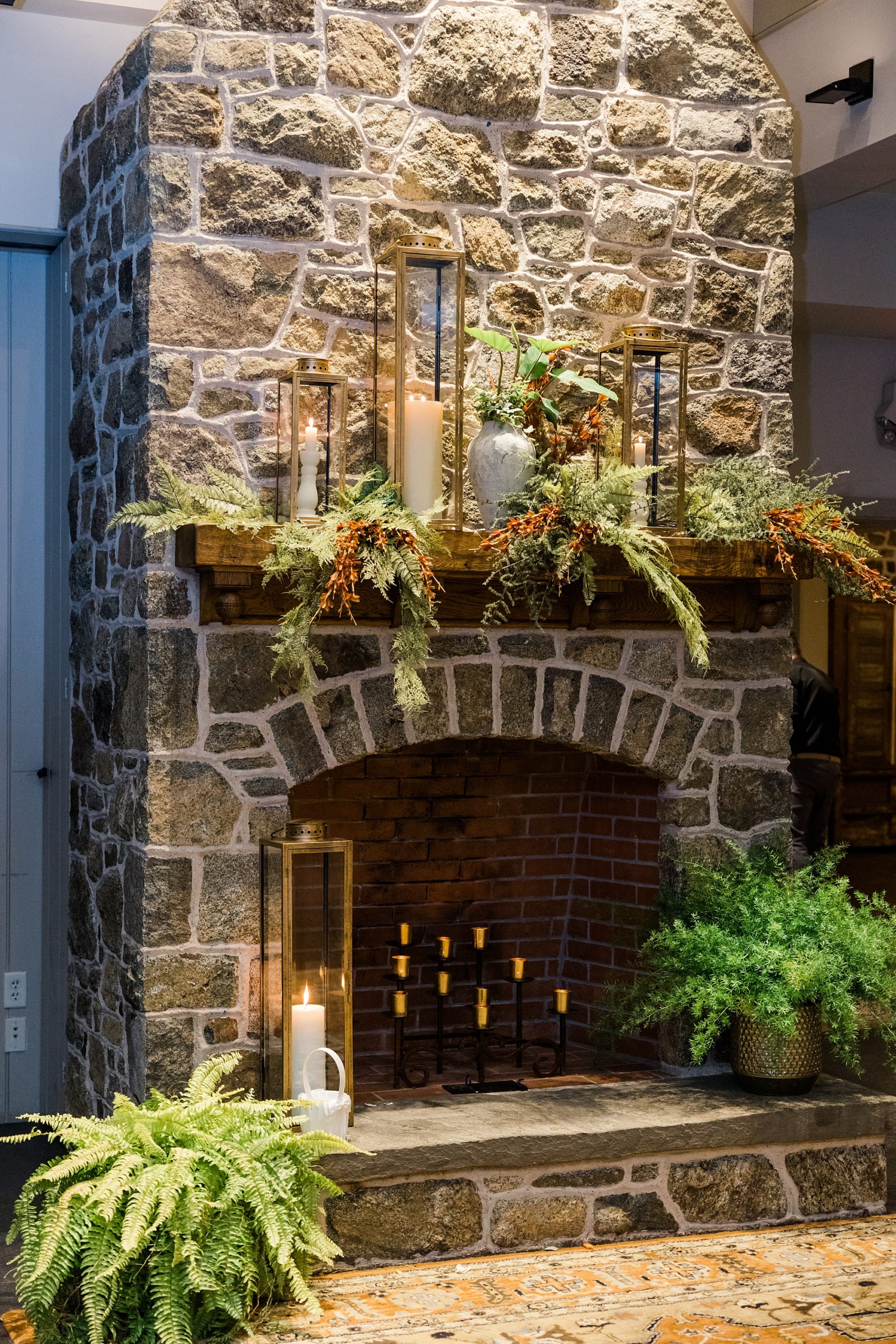 stone fireplace at French Creek wedding venue