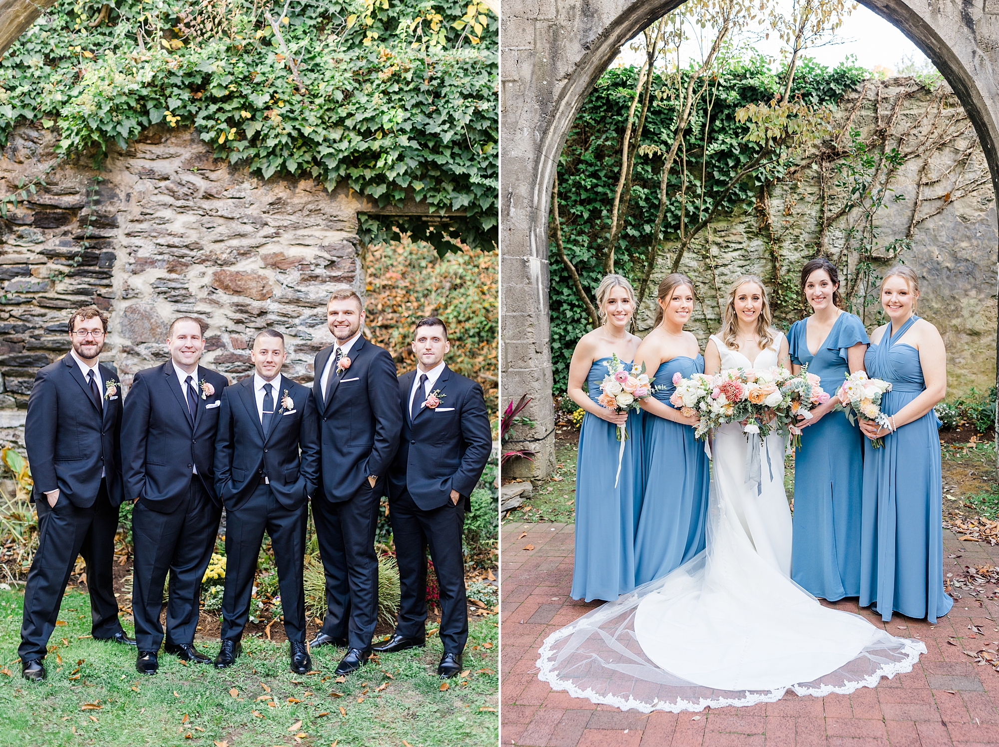 bridesmaids and groomsmen with newlyweds