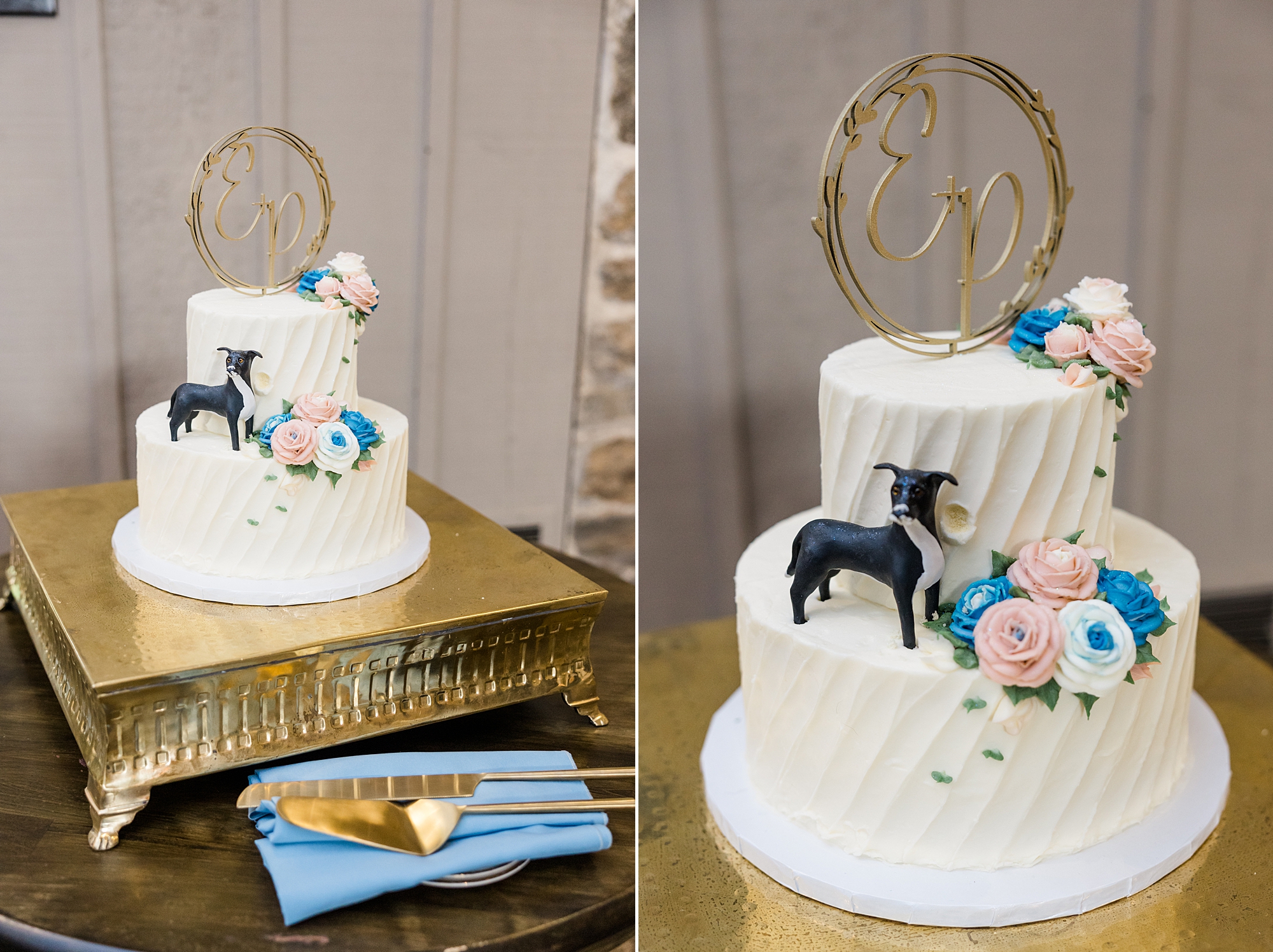 wedding cake featuring figurine of couple's dog