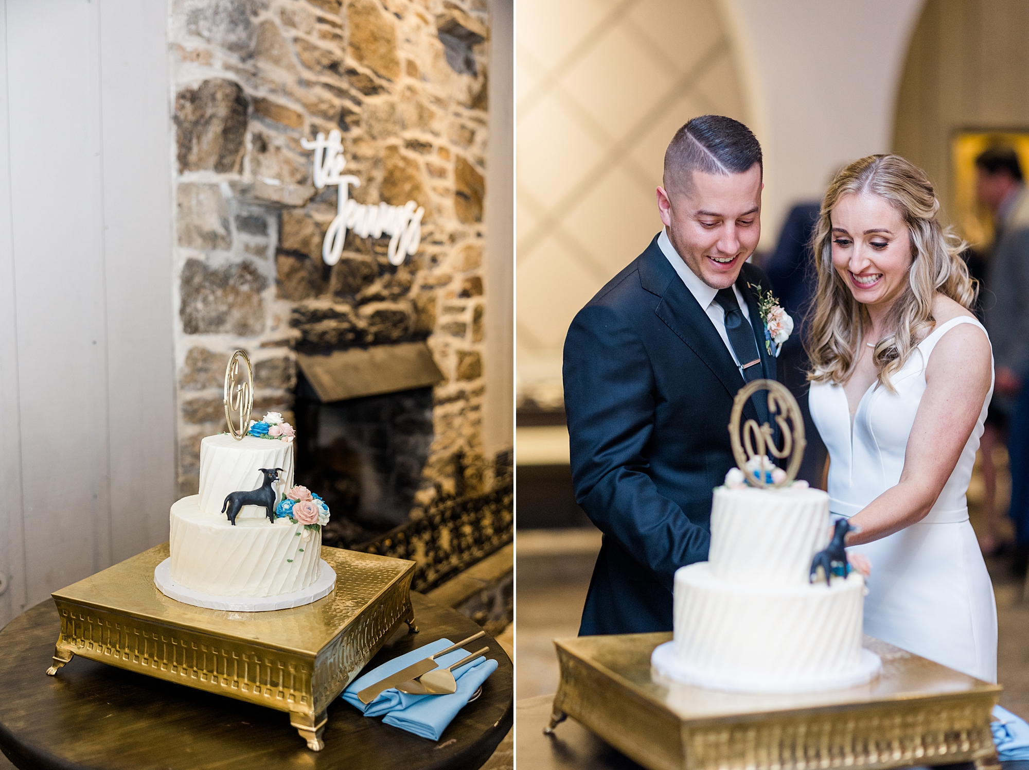 bride and groom cut their cake during Old Mill Fall Wedding 