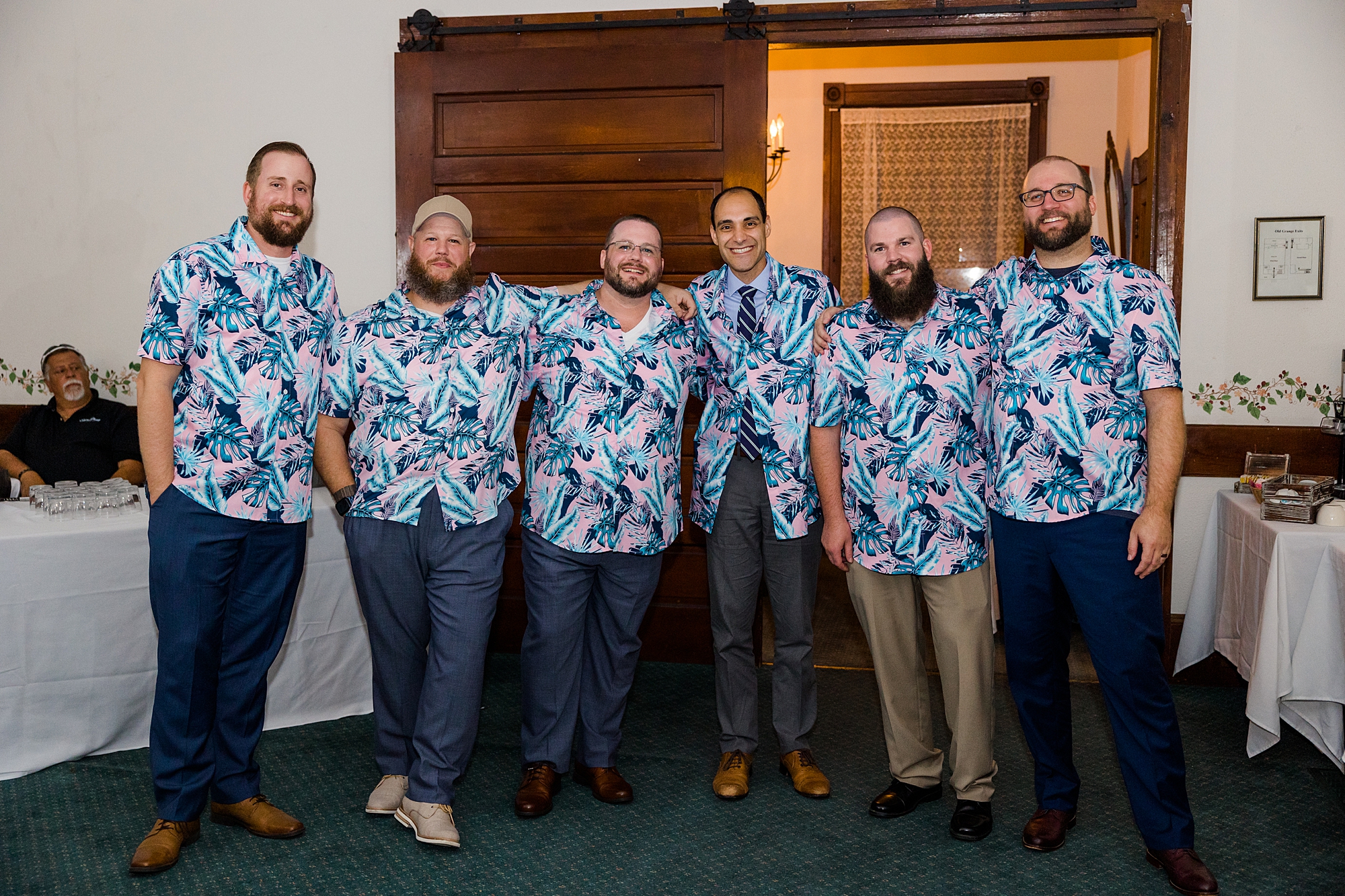 groom and groomsmen in hawaiian shirts