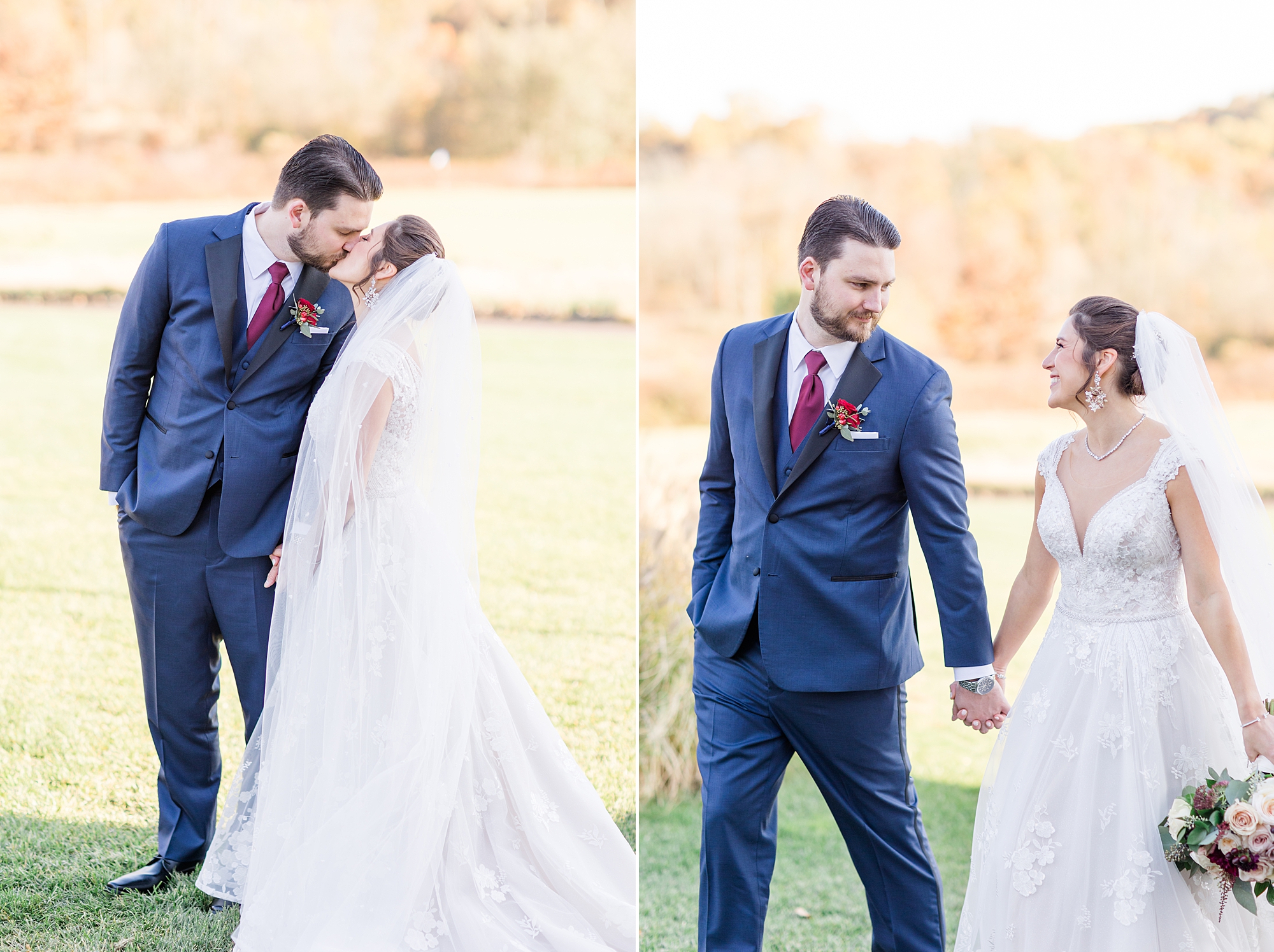 bride and groom walk together holding hands during portraits