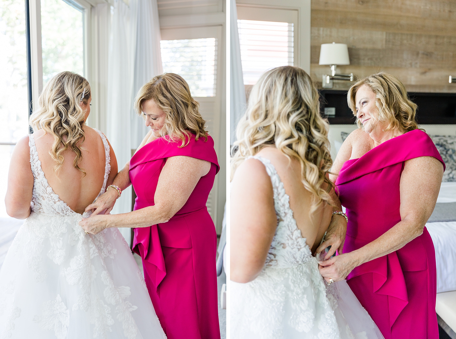 Mother of the bride helps daughter in dress