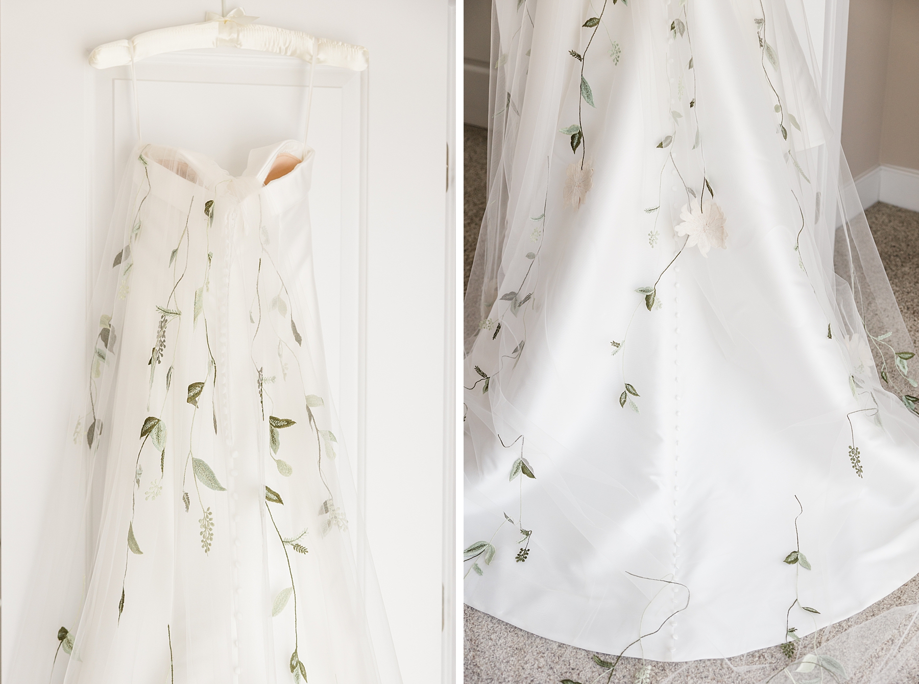 wedding dress with embroidered green vine veil