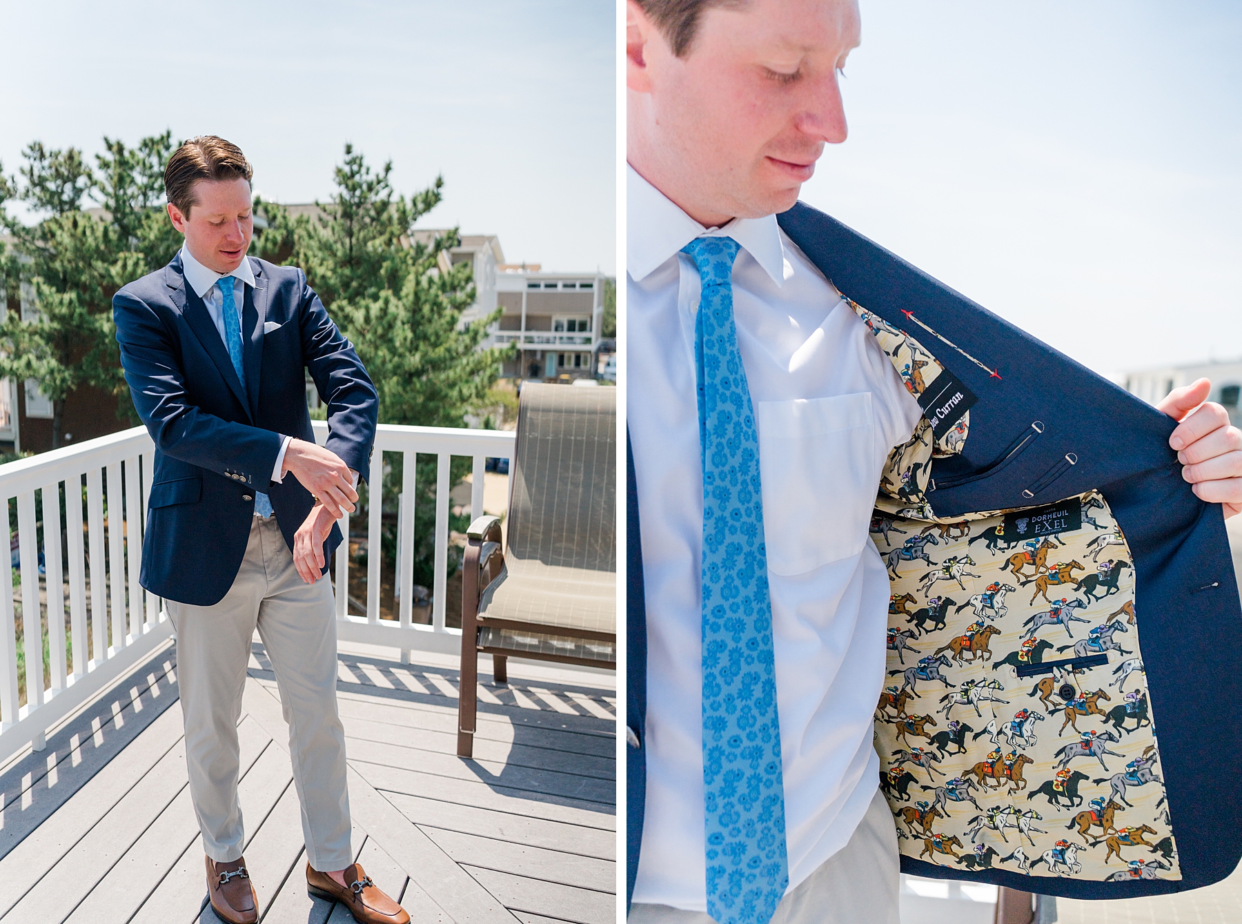 groom getting ready showing off the inside of his jacket featuring horses
