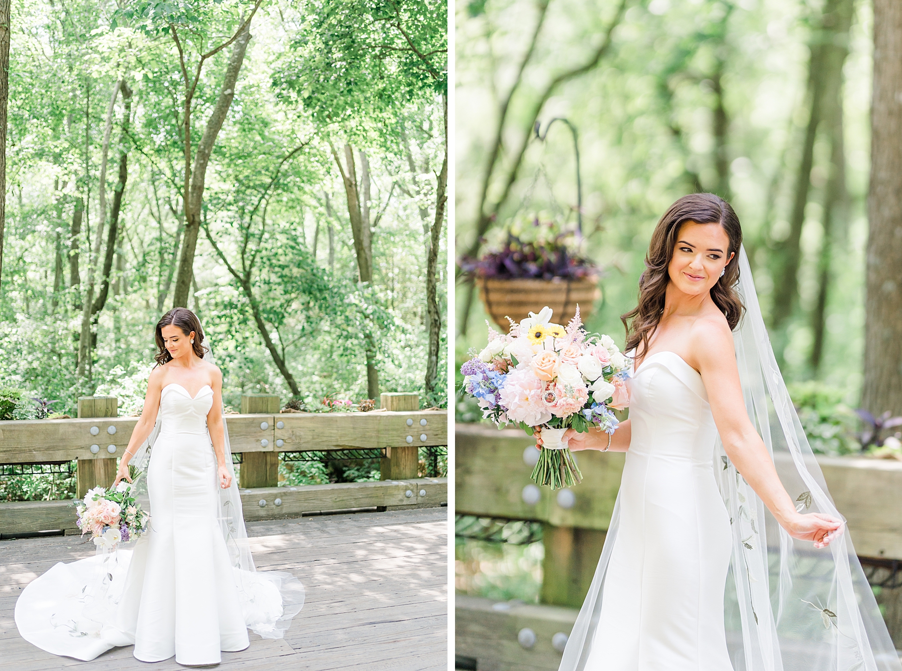 classic and chic bridal portraits on wooden bridge 