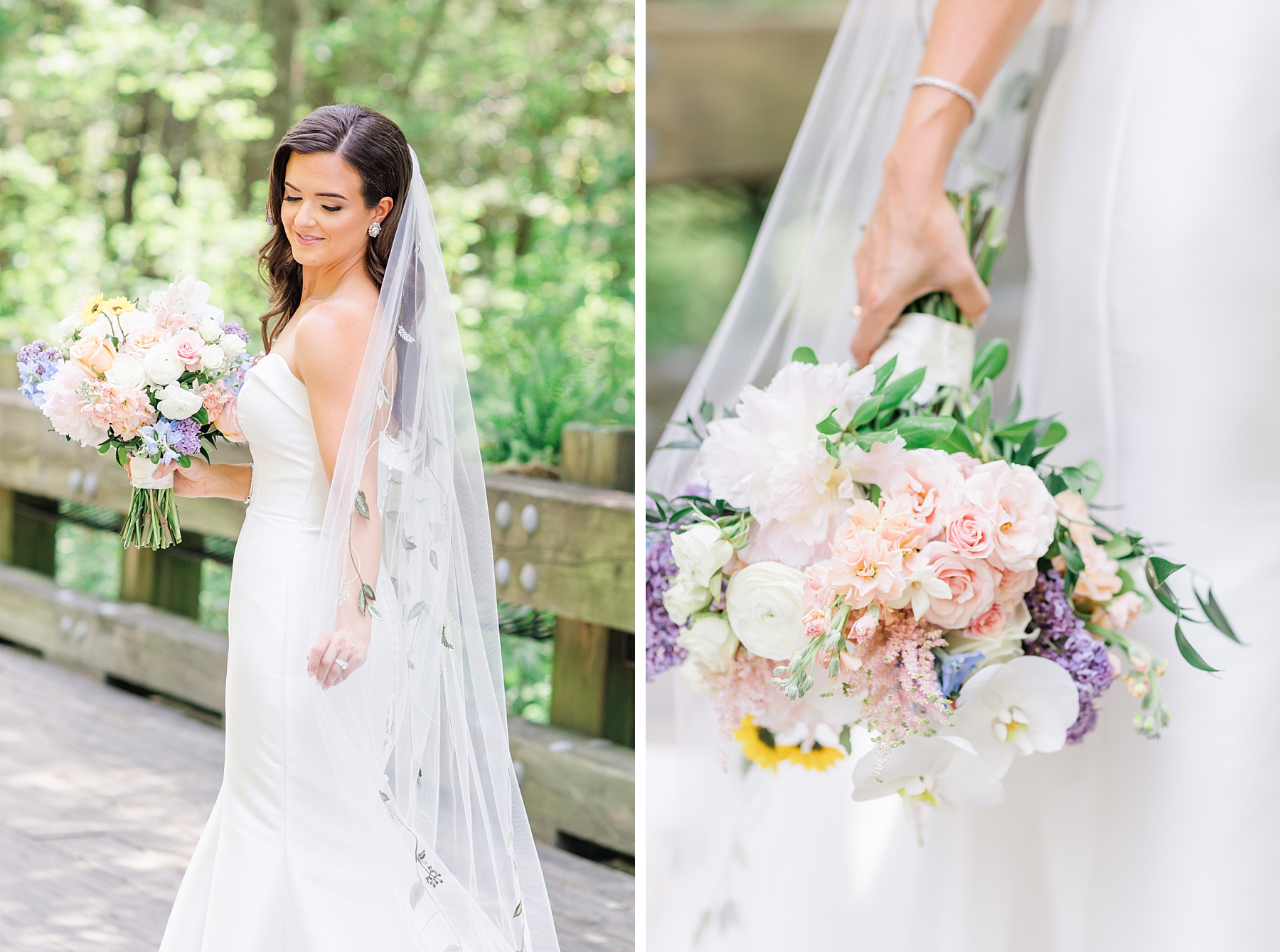 bride holding her enchanting garden bouquet from spring wedding at Baywood Greens
