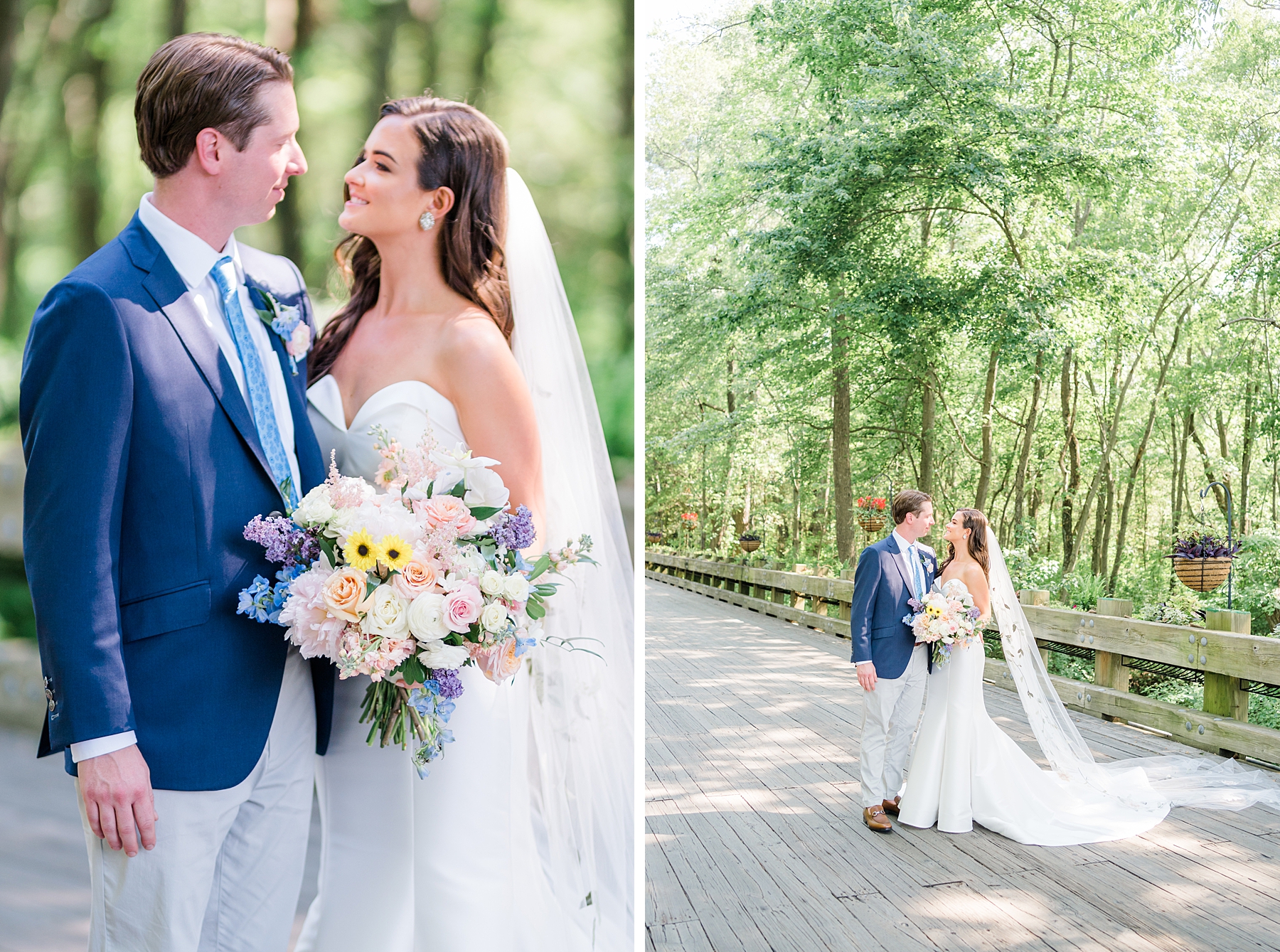 couple look at each other during wedding portraits 
