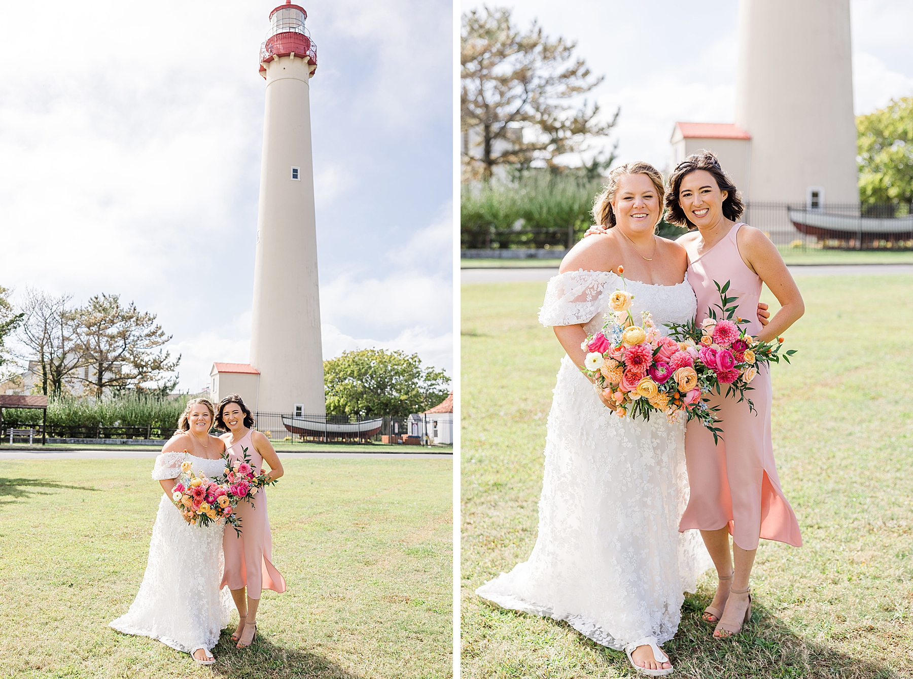 bride and Maid of Honor in front of lighthouse in Cape May