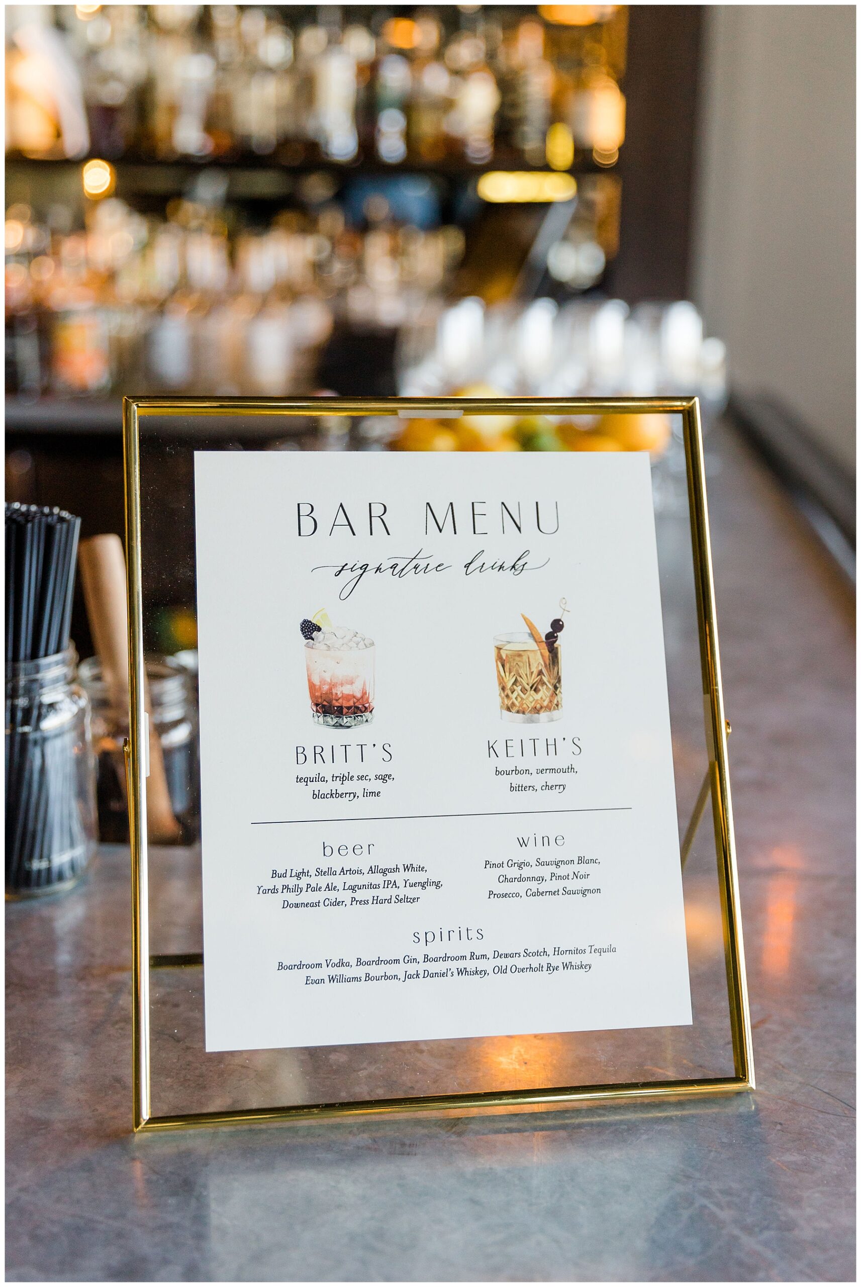 specialty drink menu from Stella of New Hope wedding