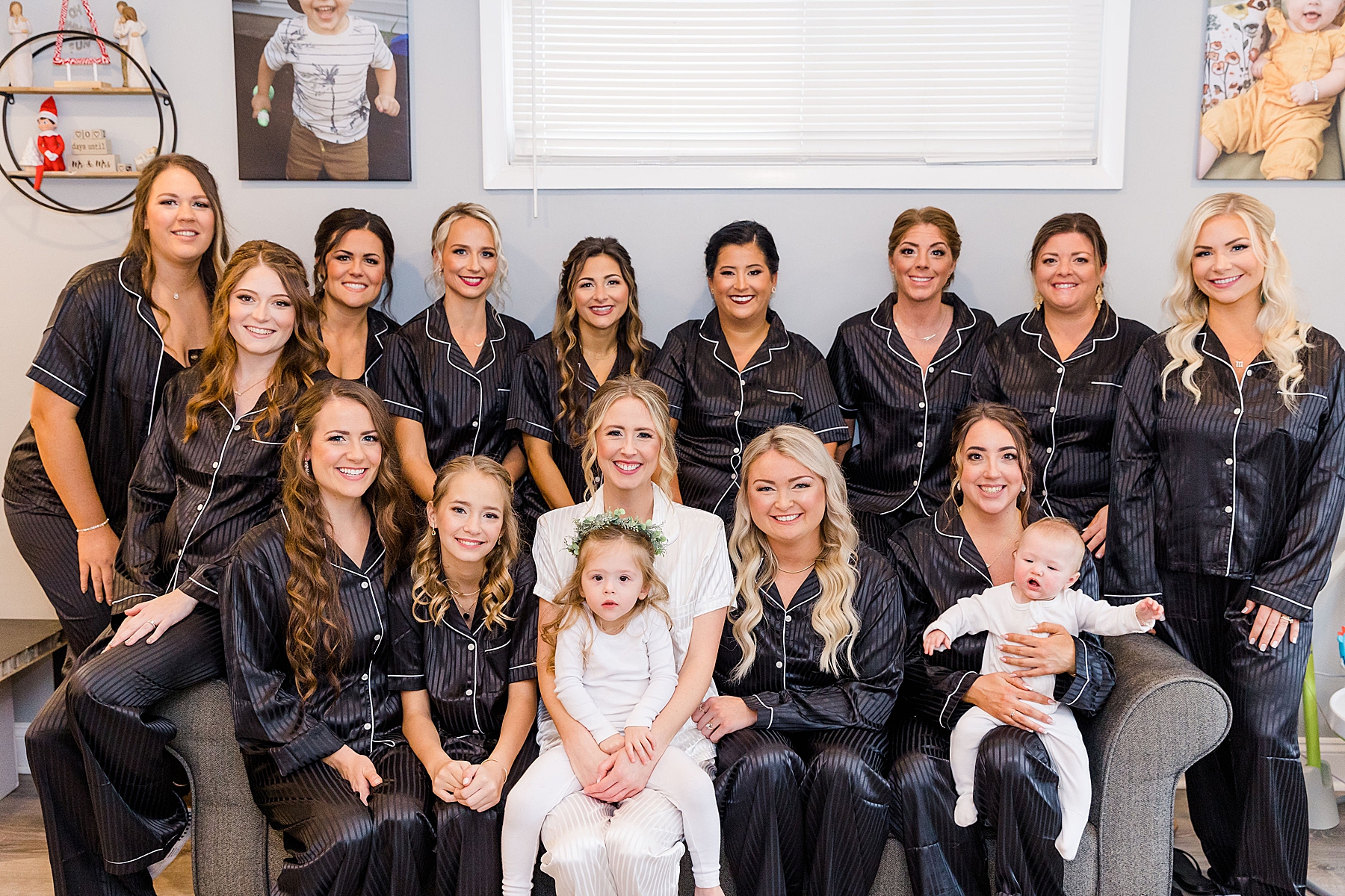 bride with bridesmaids in matching black pjs