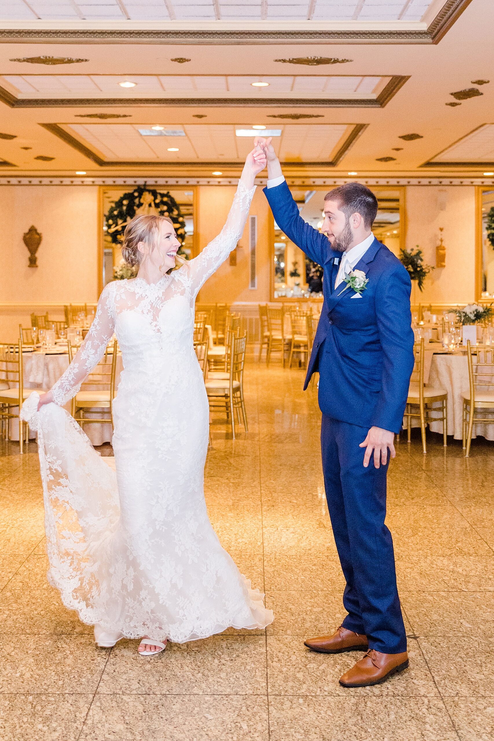 bride and groom dance in ballroom at Concordville Inn 