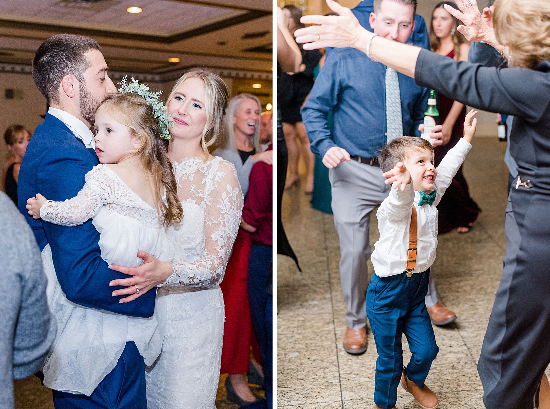 newlyweds dance with their kids at wedding reception 