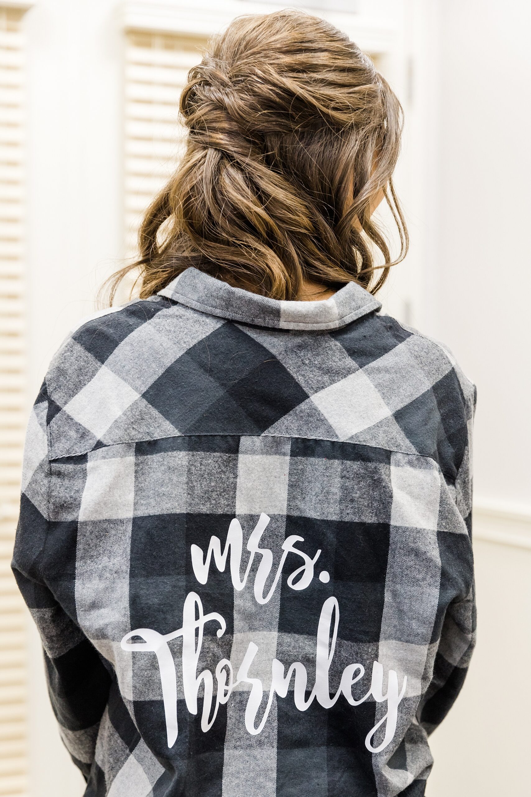 bride in personalized flannel shirt 