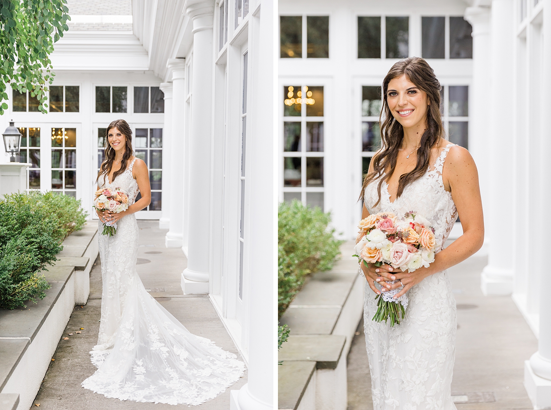 bridal portraits on patio at Deerfield Country Club in Newark, DE