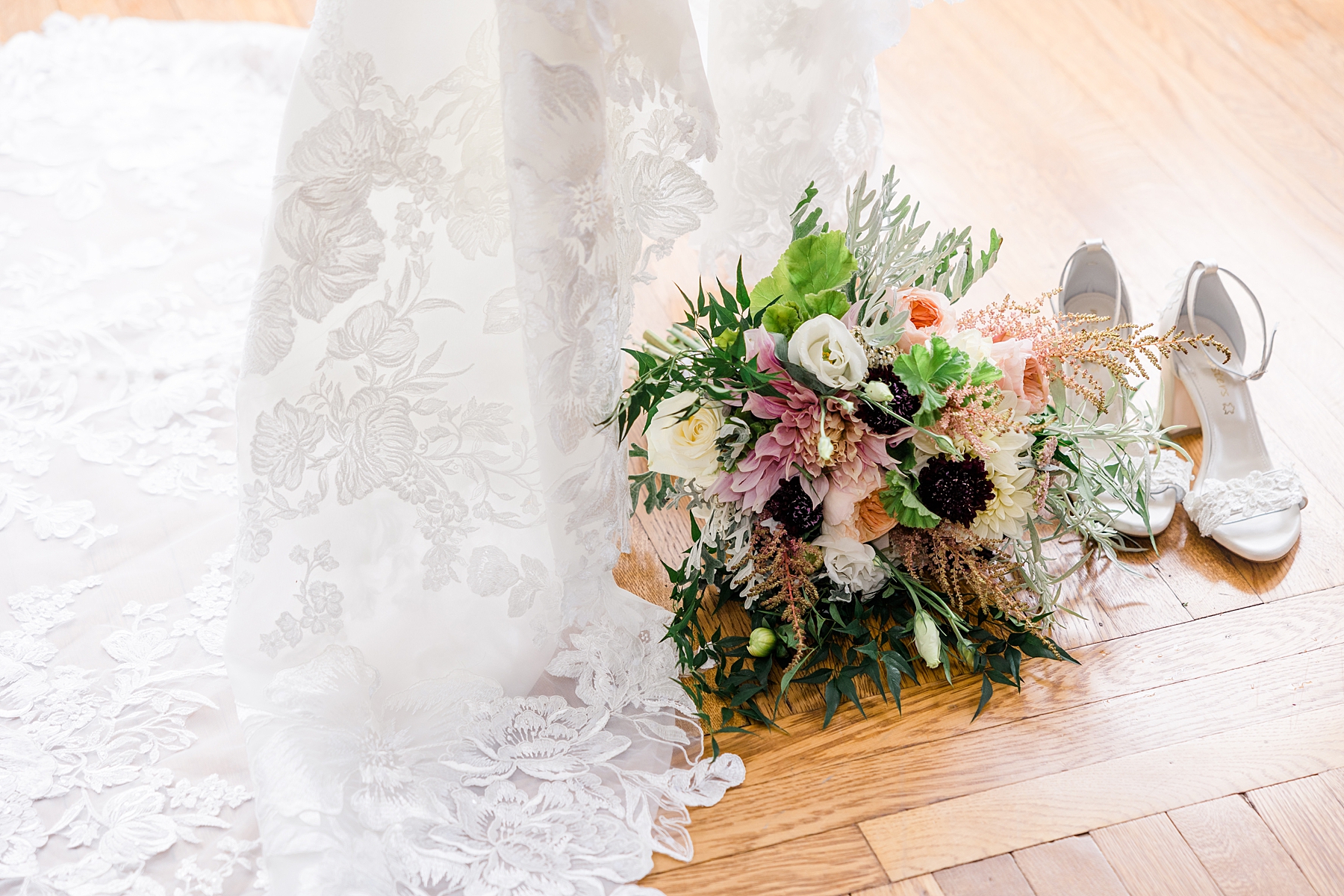bride's dress, bouquet and shoes