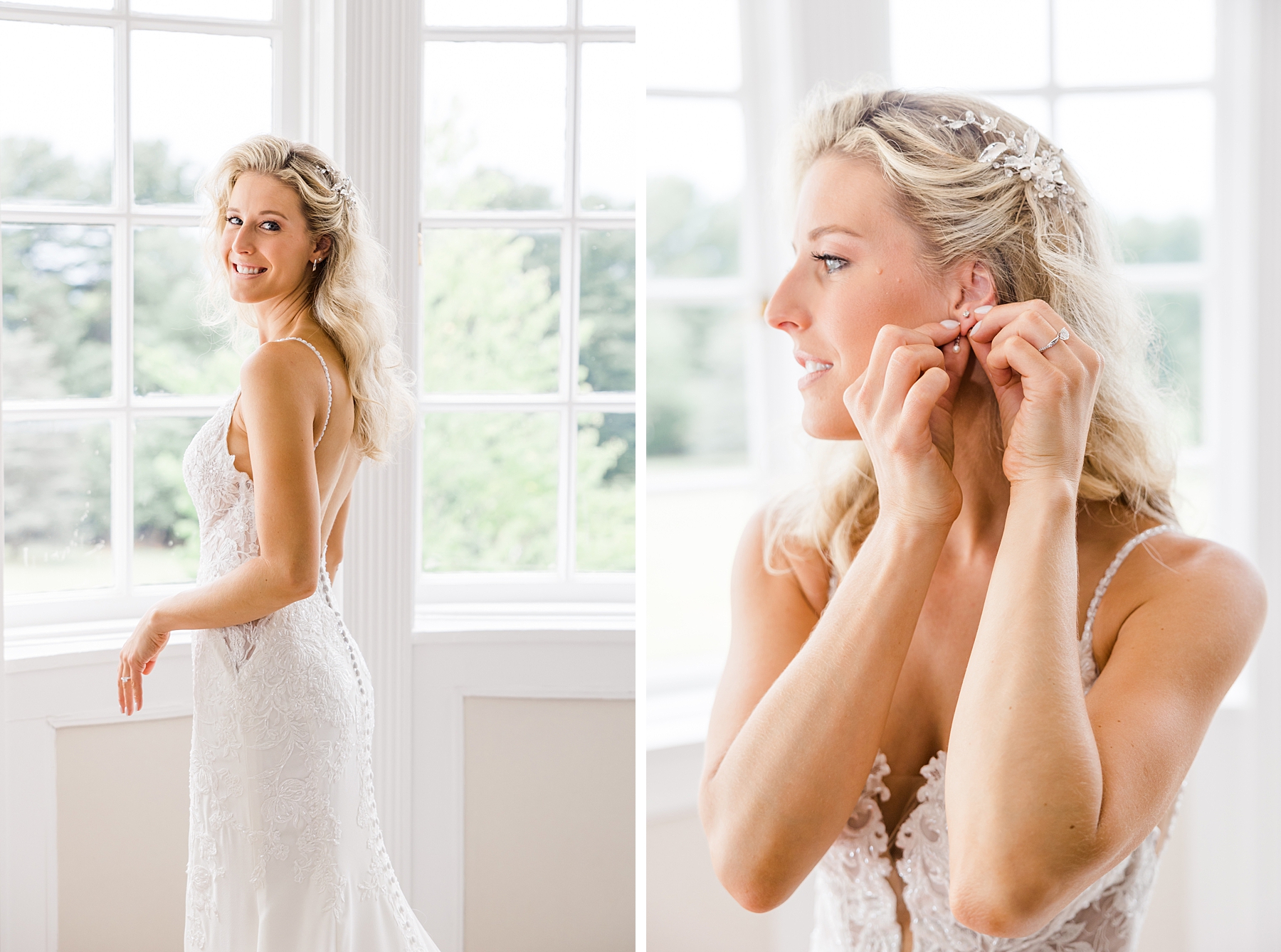 bride getting ready and putting in earrings 
