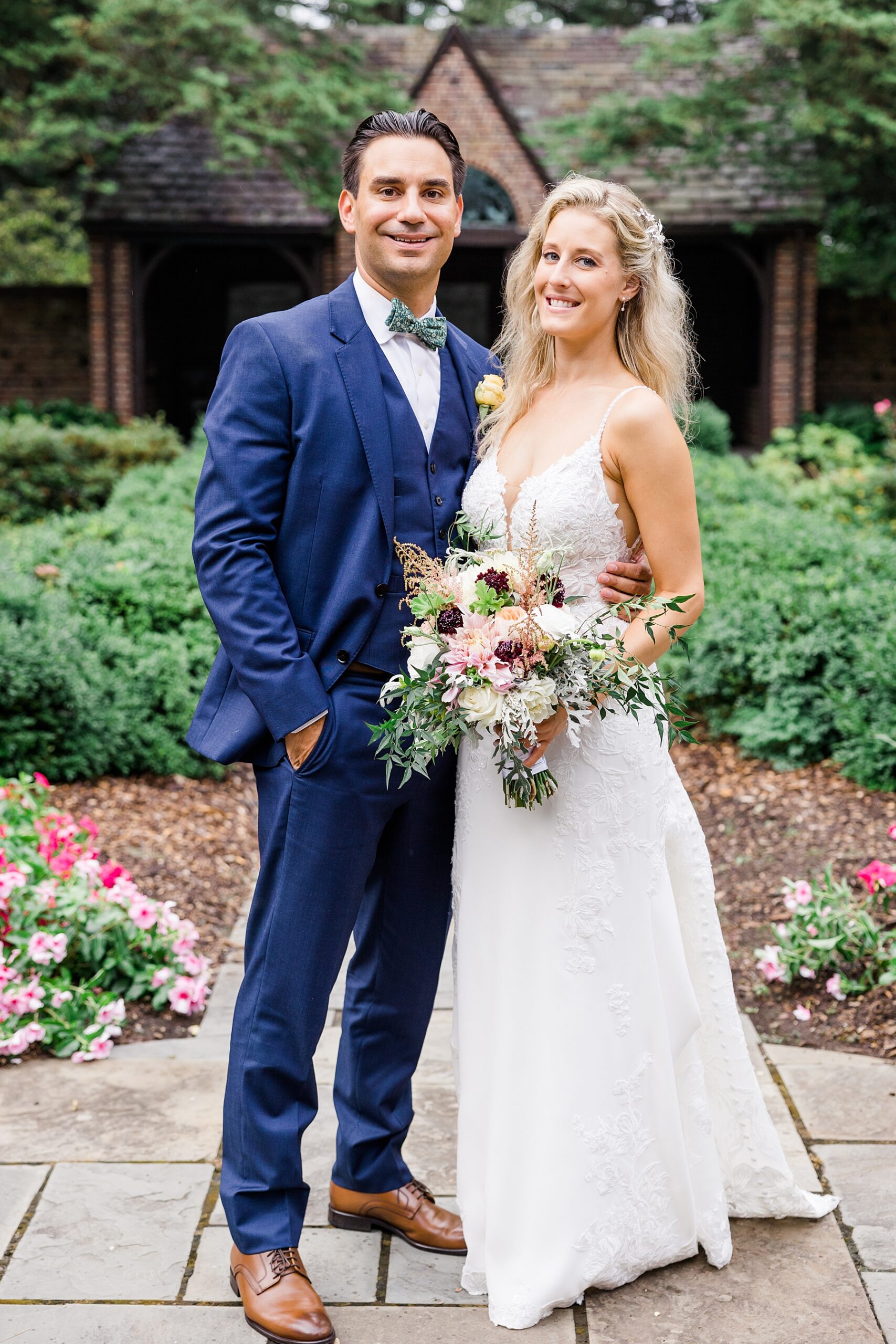 bride and groom portraits in the garden at Greenville Country Club