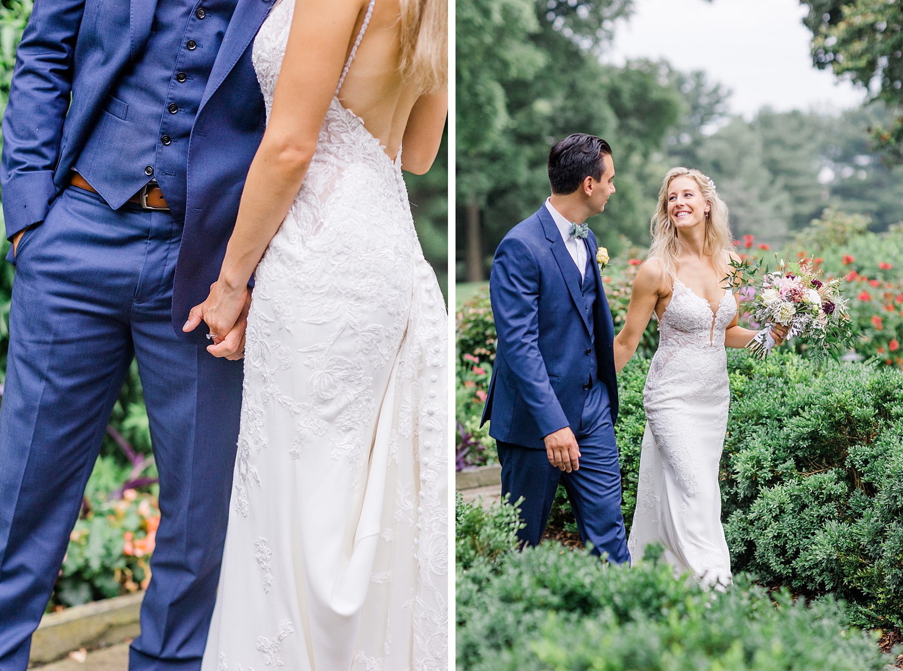 candid portraits of couple walking through the garden on wedding day 