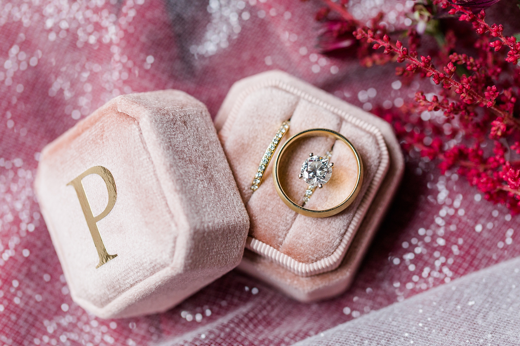 wedding rings in blush pink ring box