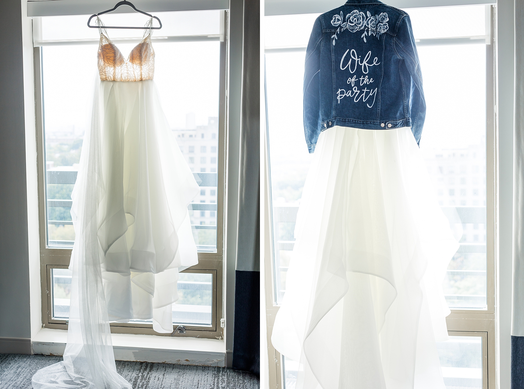 bride's wedding dress hanging from window 