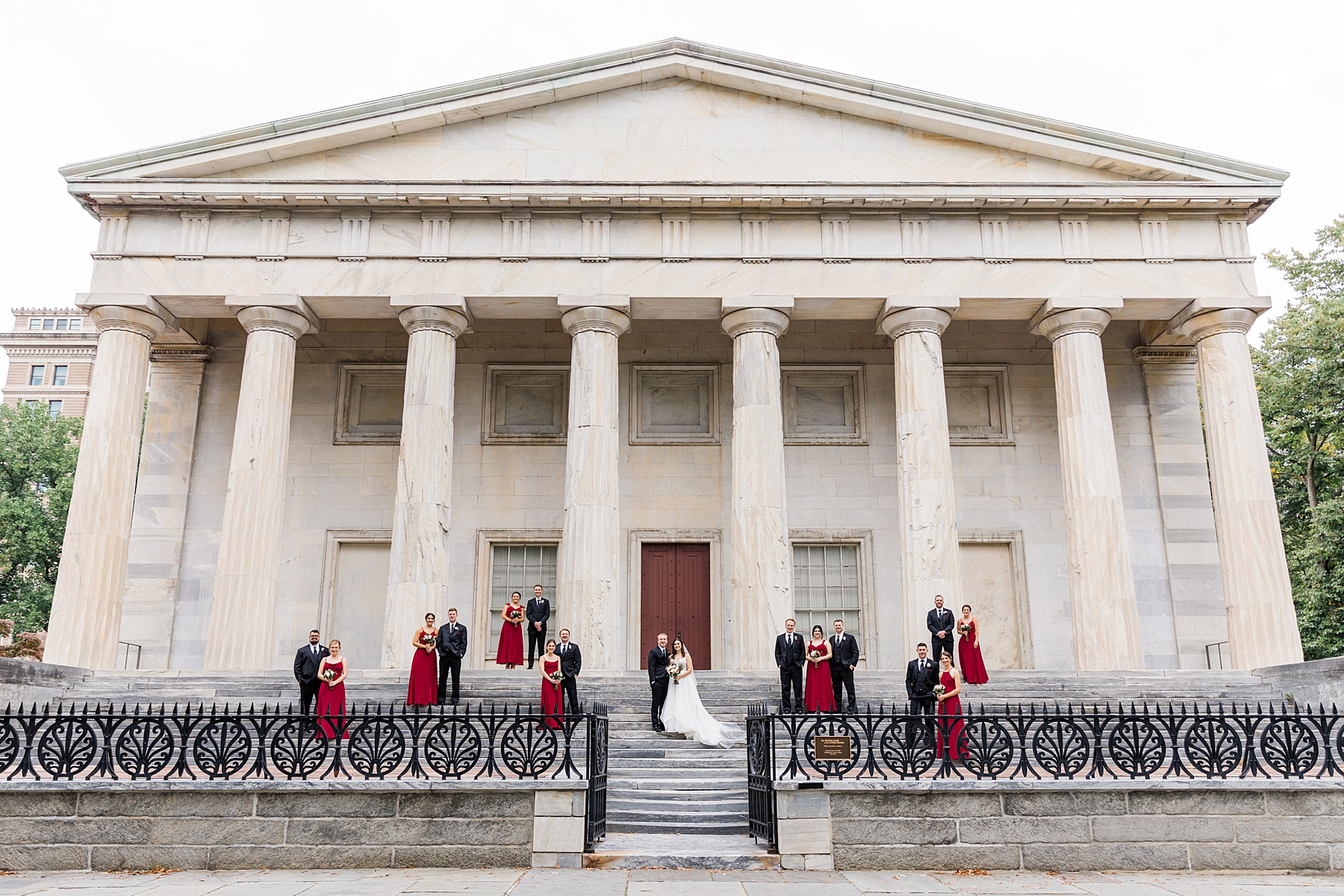 wedding party portraits at historic building in downtown Philadelphia 