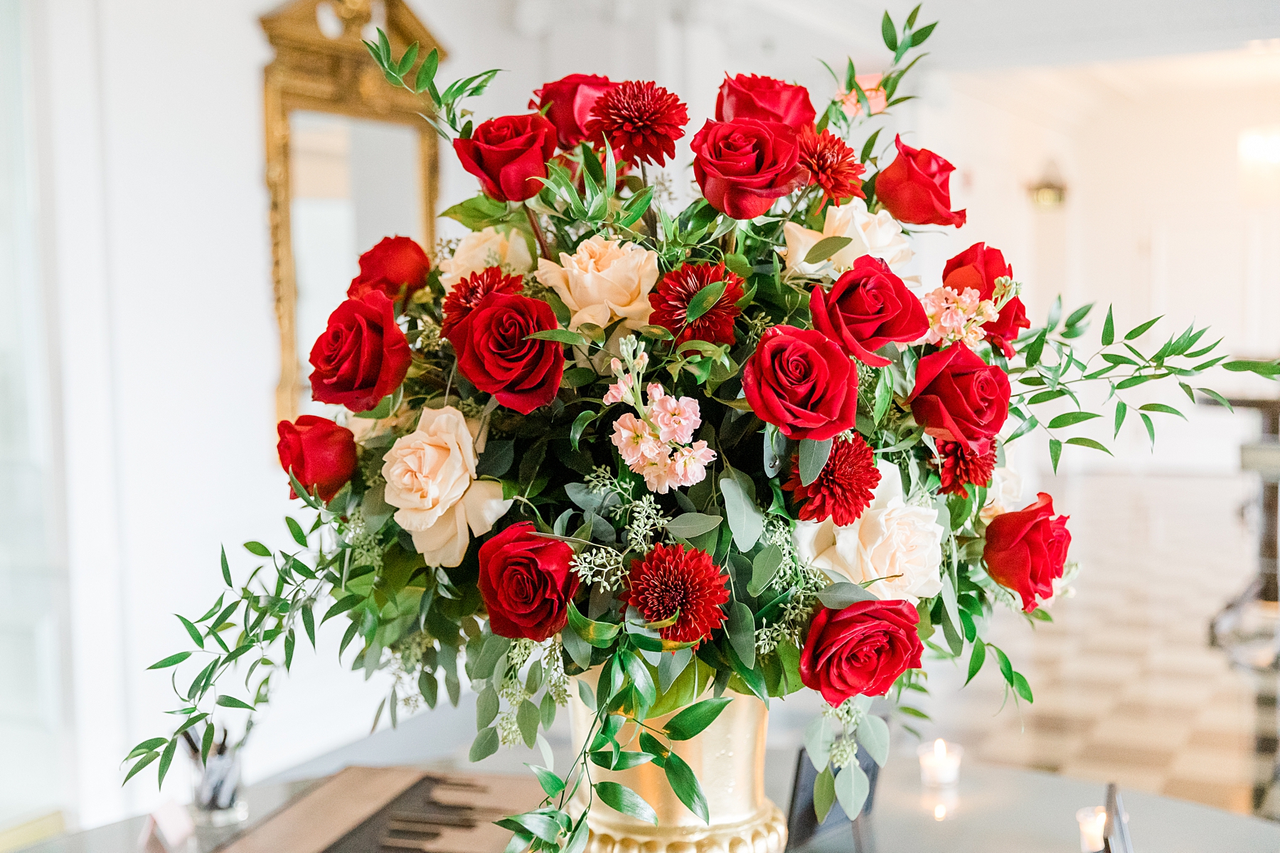 romantic red and pink rose flower arrangement from The Down Town Club Wedding