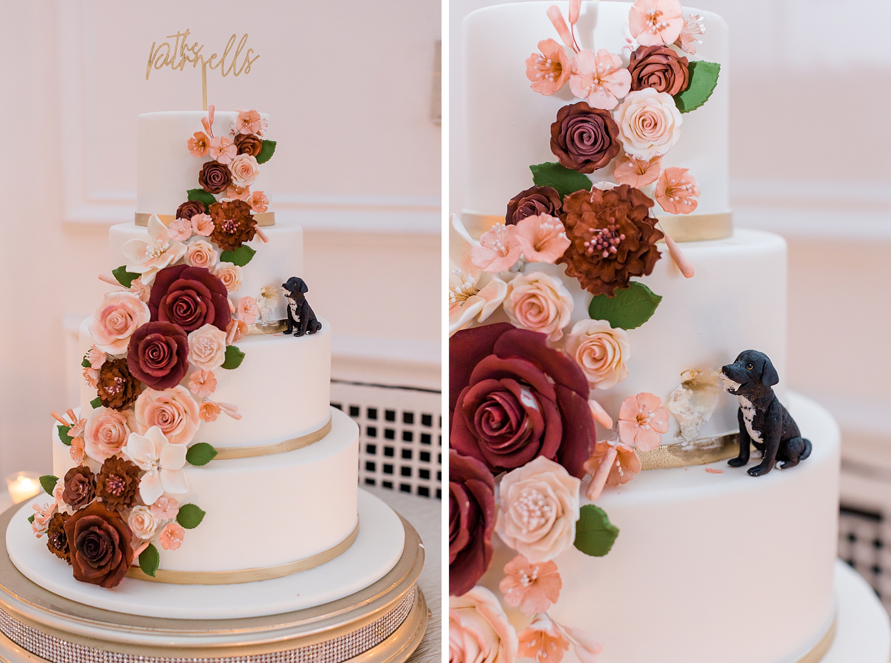 wedding cake with romantic floral decorations and dog figurine eating cake