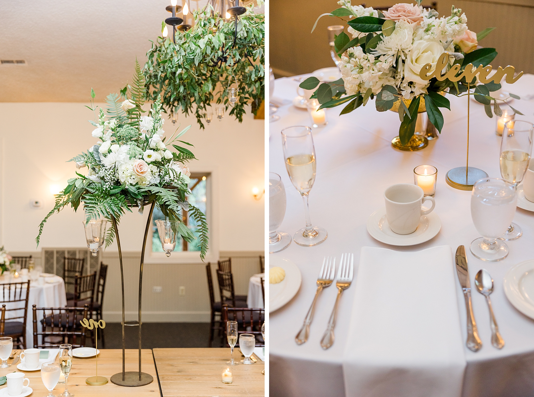 white flowers and greenery decorate wedding reception